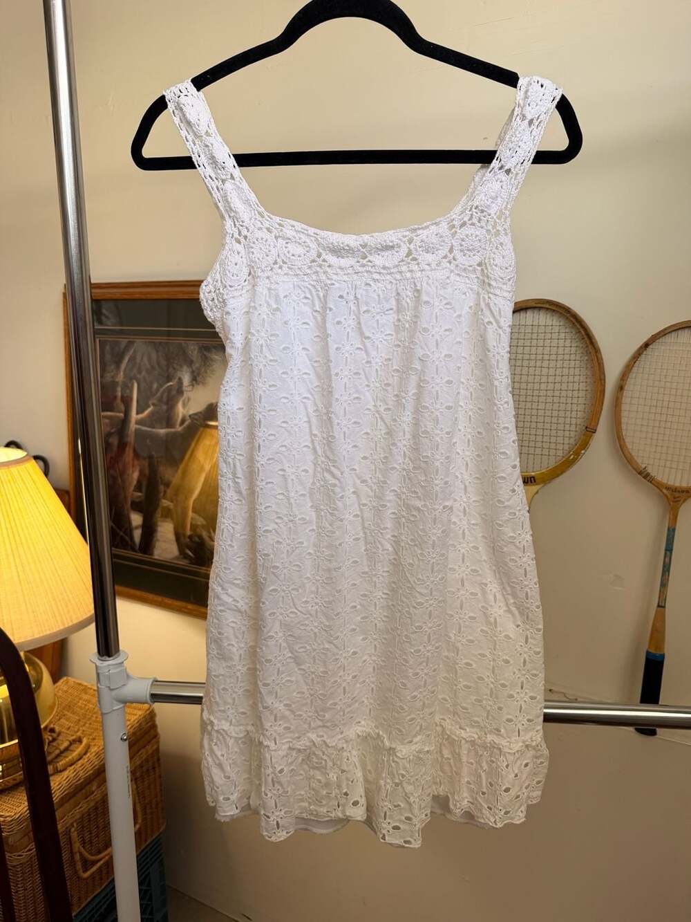 Coastal White Eyelet Crochet Ruffle Dress Cottage Country Farm Girl Milkmaid